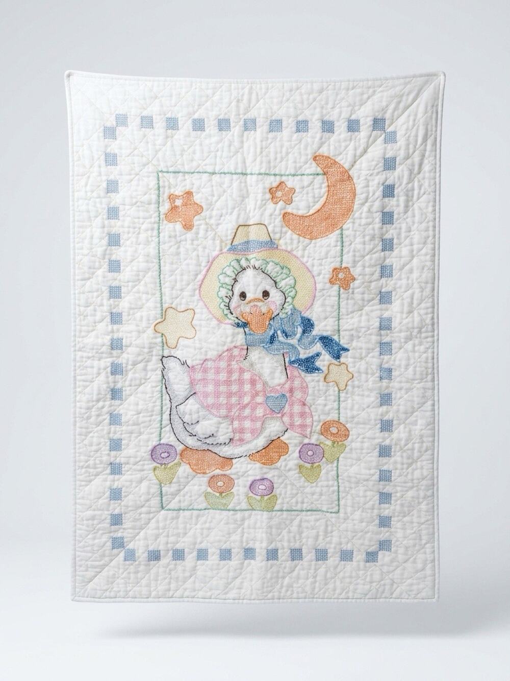 Vintage 80s Rare Handmade Novelty Mother Goose Quilted Baby Blanket Crib Cotton